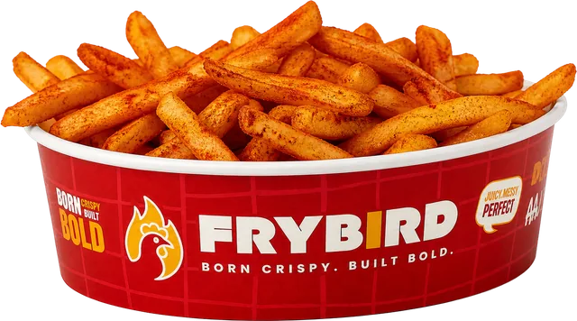 Peri Peri Fries, photographed against a plain background