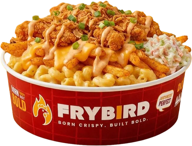 Chicken Loaded Mac & Fries, photographed against a plain background